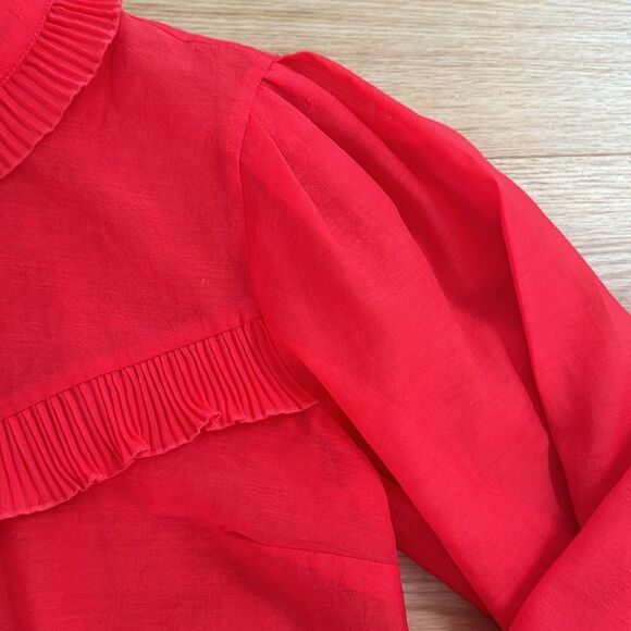 H&M Women's Frilled crêpe Ruffle Blouse Red 6 Long Sleeve Sheer Holiday Trendy - Picture 5 of 7